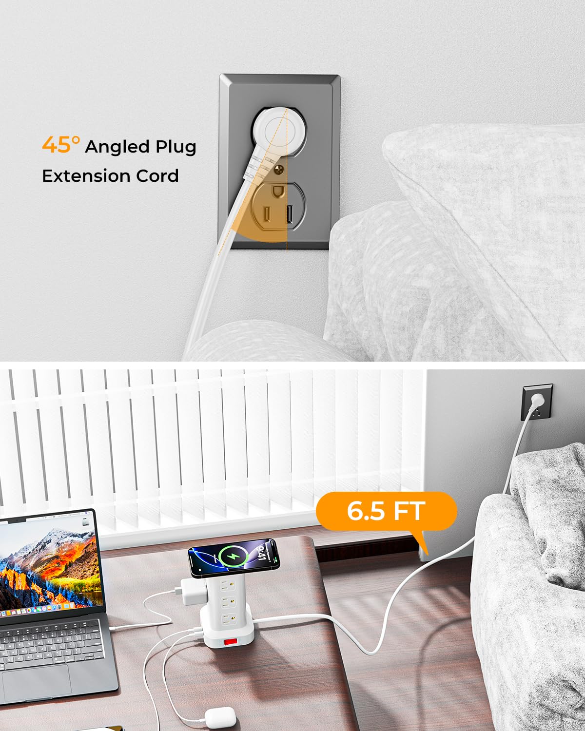 SMALLRT flat 45-degree plug and 6.5ft cord fitting flush to wall for tight spaces
