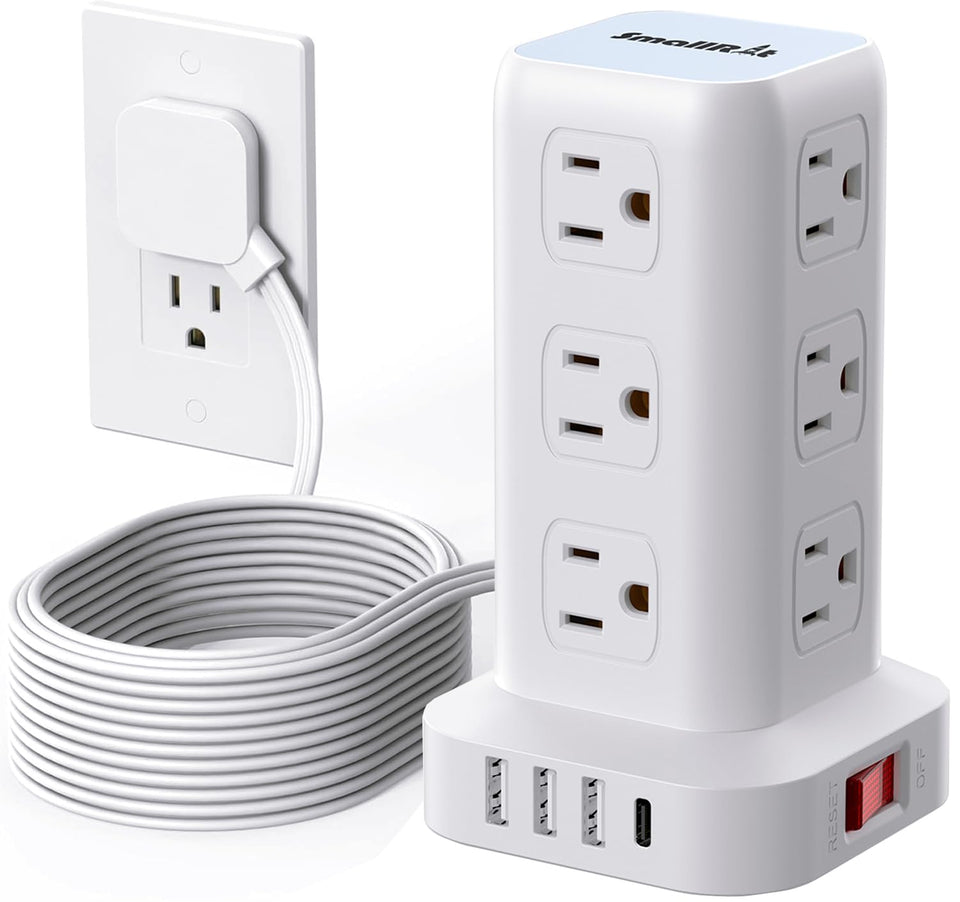 SMALLRT tower front view showing 12 outlets and USB ports for organized charging