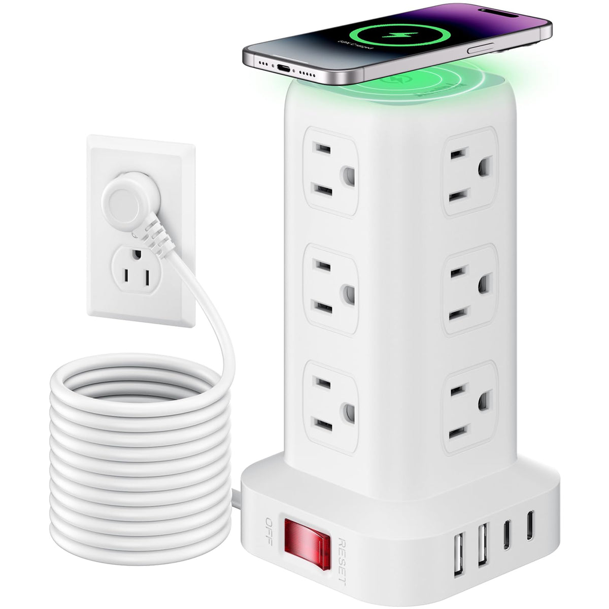 SMALLRT tower front view showing outlets and compact footprint for organized power