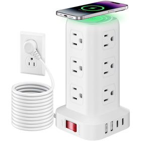 SMALLRT tower front view showing outlets and compact footprint for organized power
