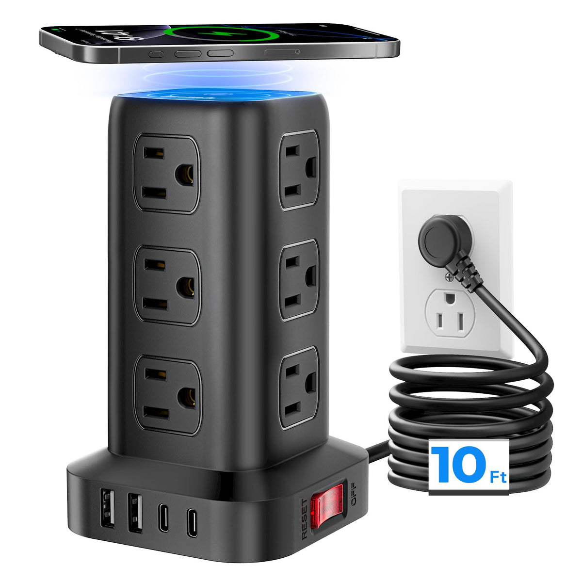 SMALLRT tower front view showing 12 outlets and 4 USB ports for organized charging