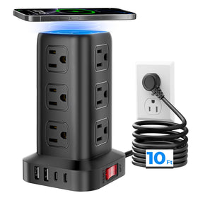 SMALLRT tower front view showing 12 outlets and 4 USB ports for organized charging