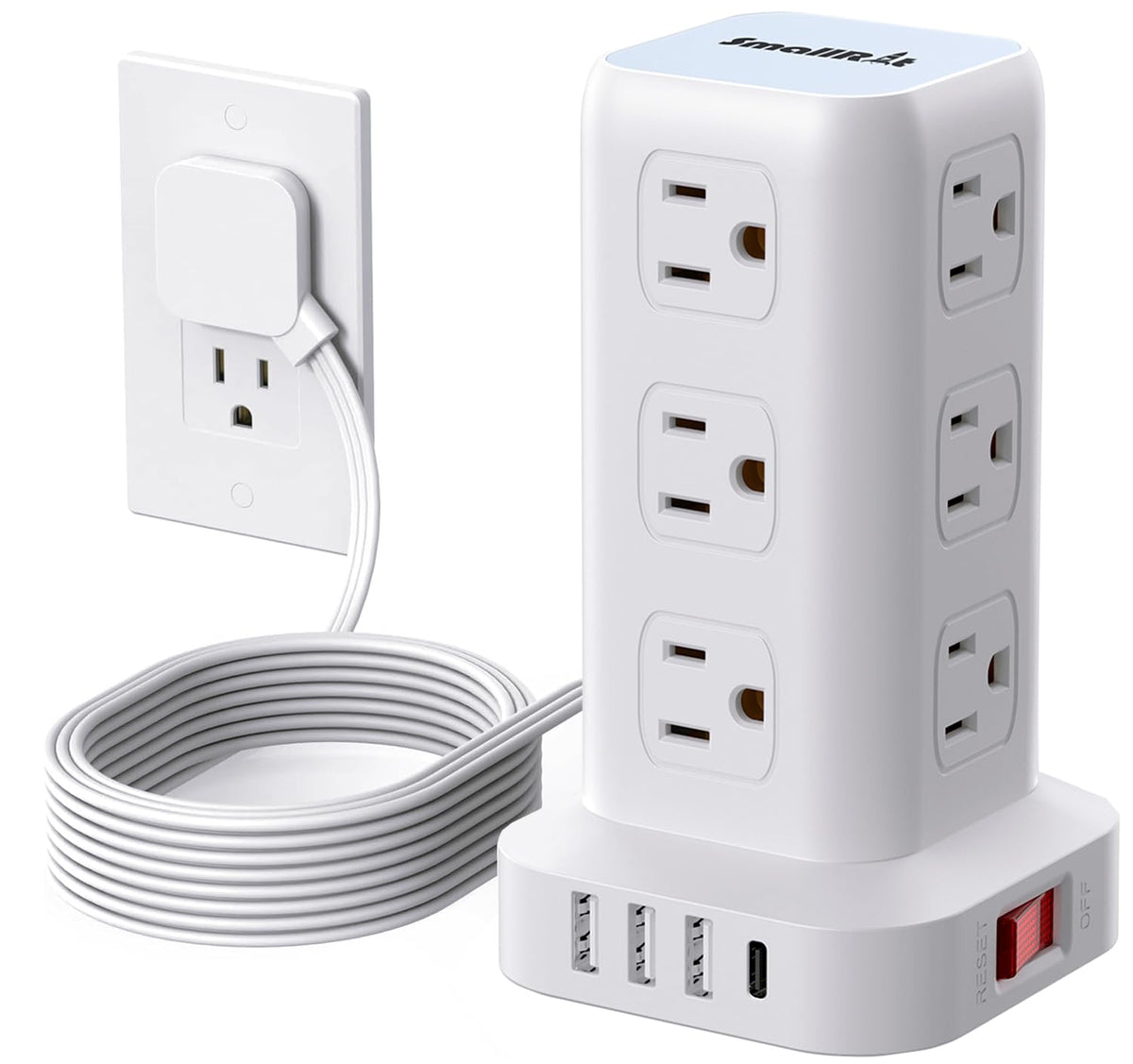SMALLRT tower front view showing 12 AC outlets and four USB ports for more connections