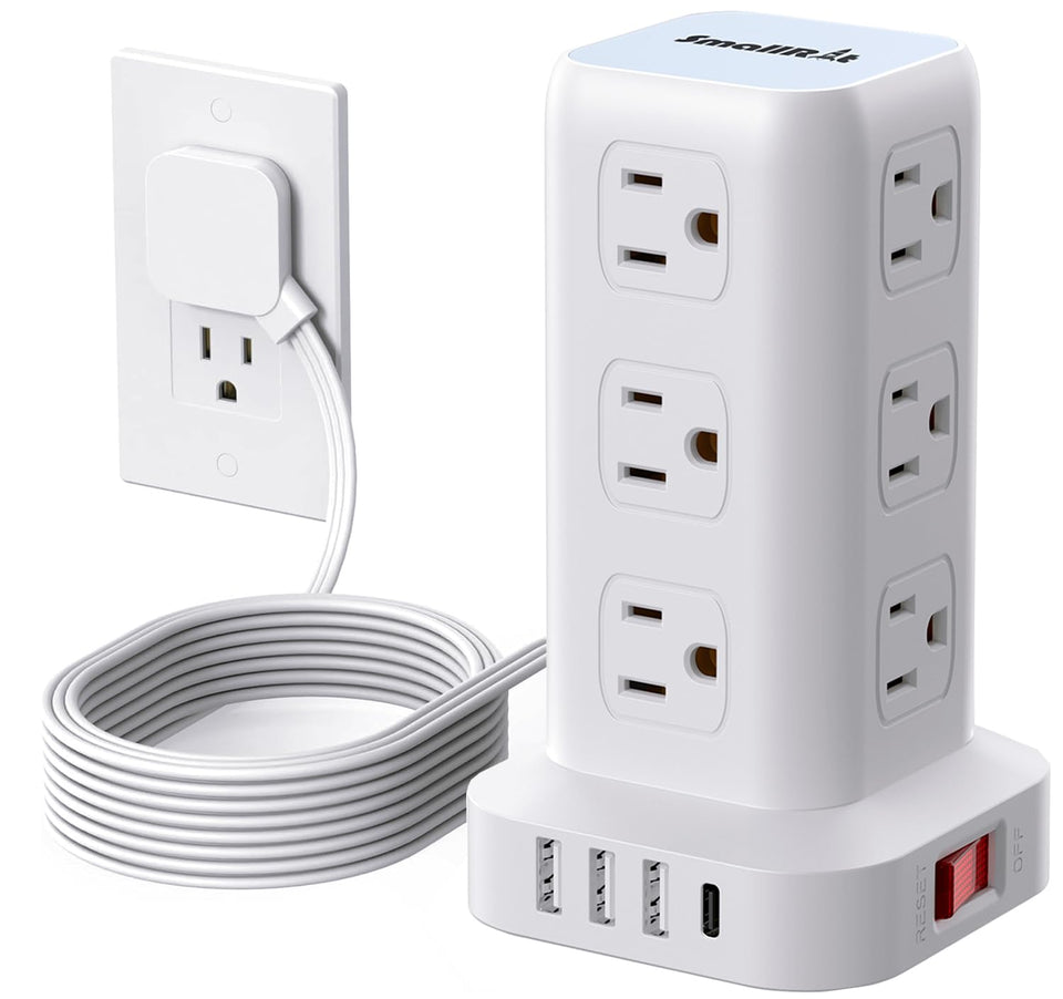 SMALLRT tower front view showing 12 AC outlets and four USB ports for more connections