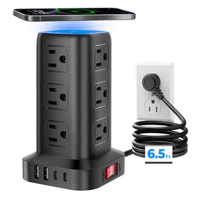 SMALLRT tower front view showing all 12 outlets and USB ports for organized charging