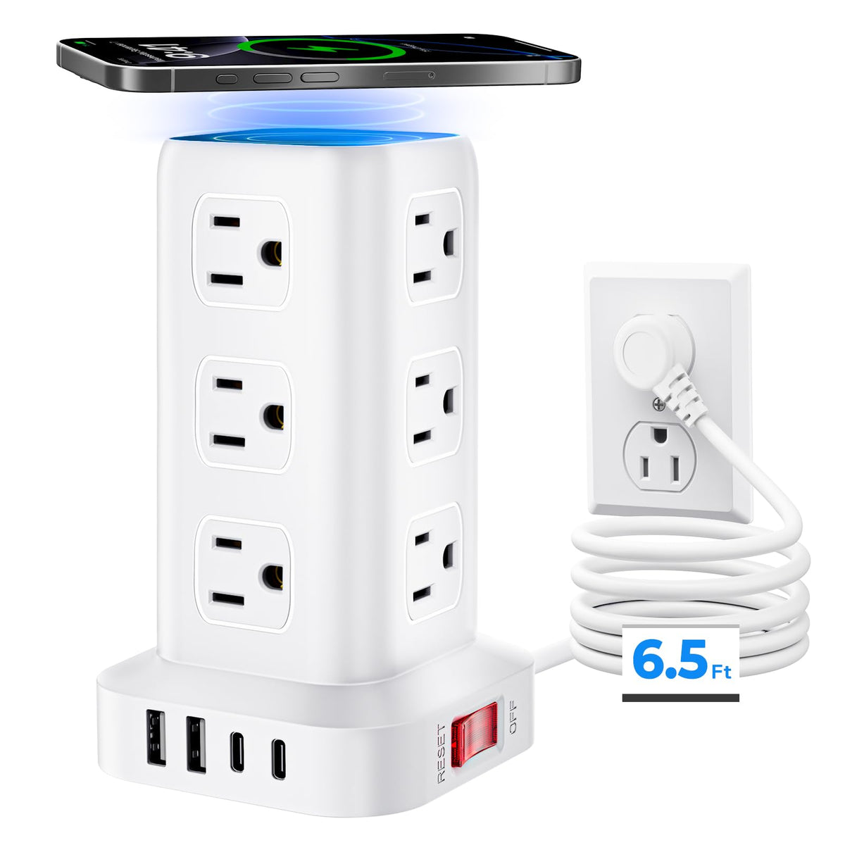 SMALLRT tower front view showing 12 outlets and USB ports for organized charging