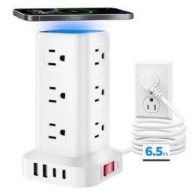 SMALLRT tower front view showing 12 outlets and USB ports for organized charging