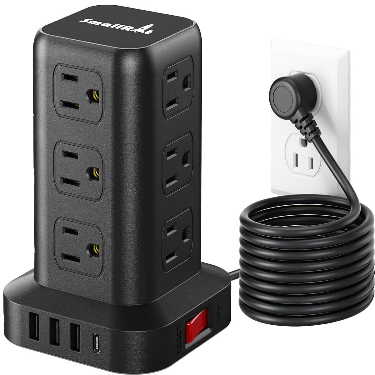 SMALLRT tower front view showing 12 AC outlets and compact footprint for tidy power