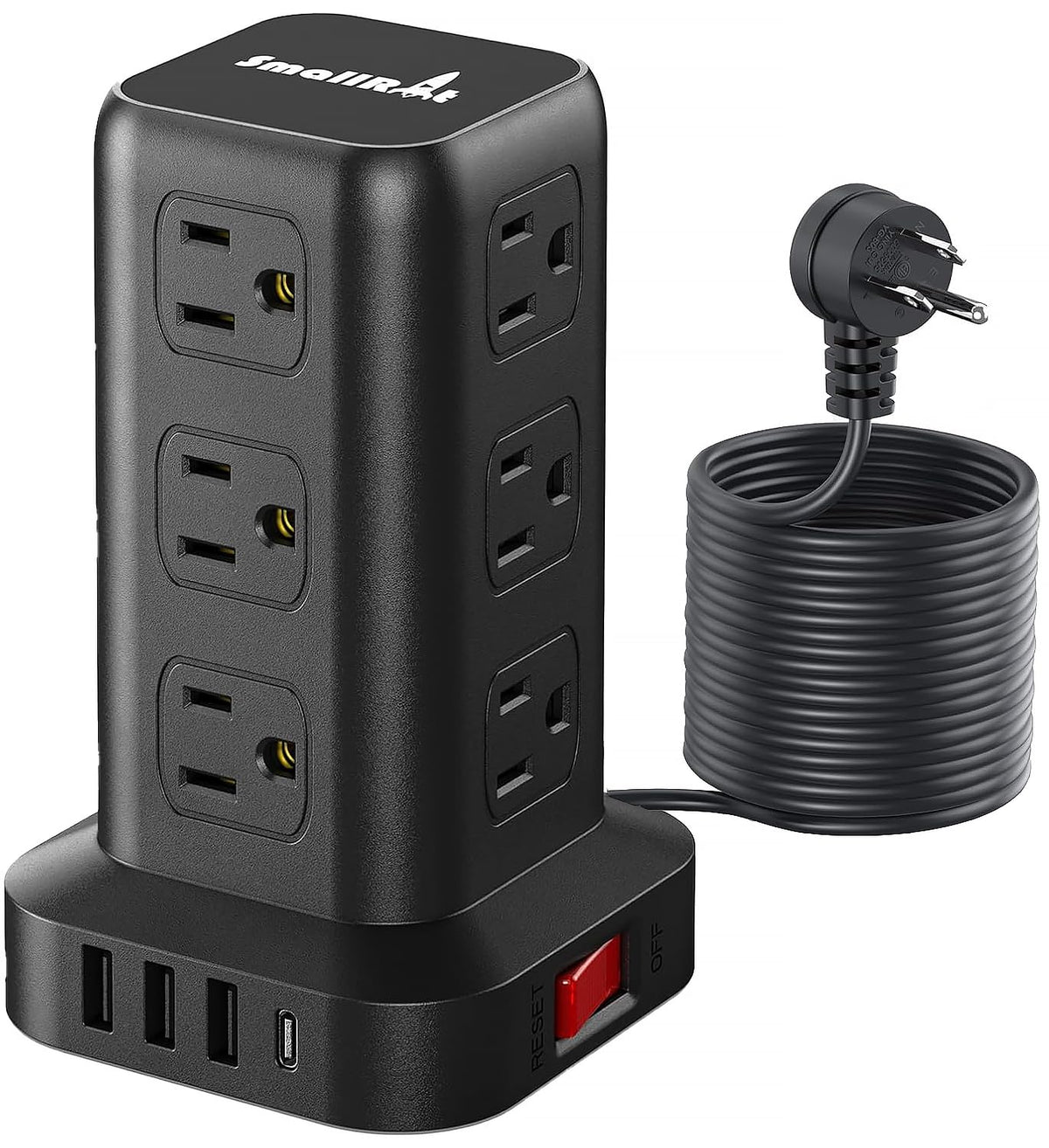 SMALLRT tower front view showing outlets and USB ports, simplifies device charging