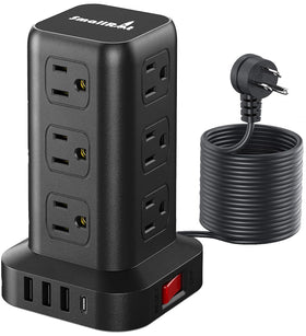 SMALLRT tower front view showing outlets and USB ports, simplifies device charging