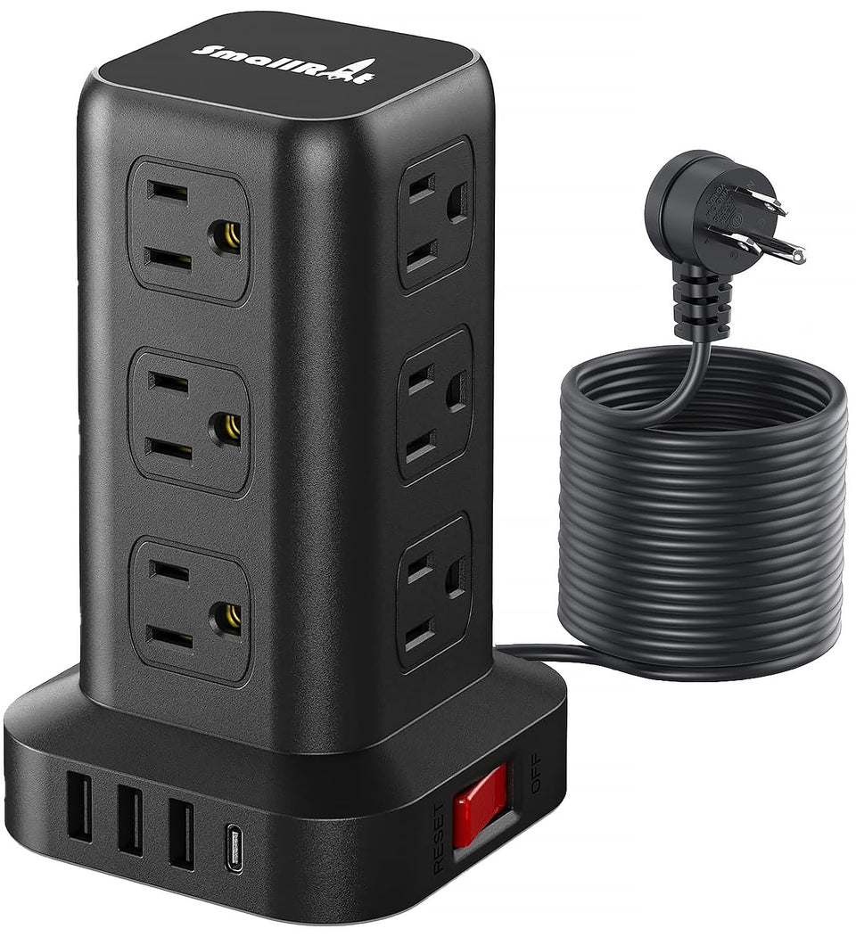 SMALLRT tower front view showing outlets and USB ports, simplifies device charging