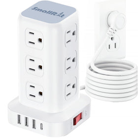 SMALLRT tower front view showing outlets and compact footprint for organized charging