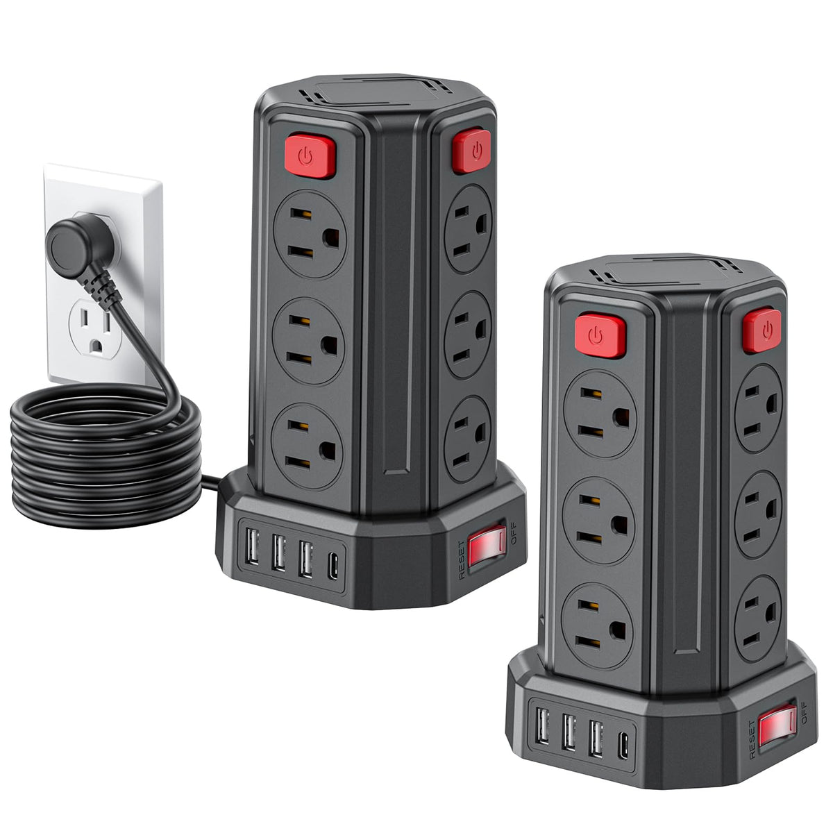 SMALLRT tower front view showing 12 outlets and neat charging benefit