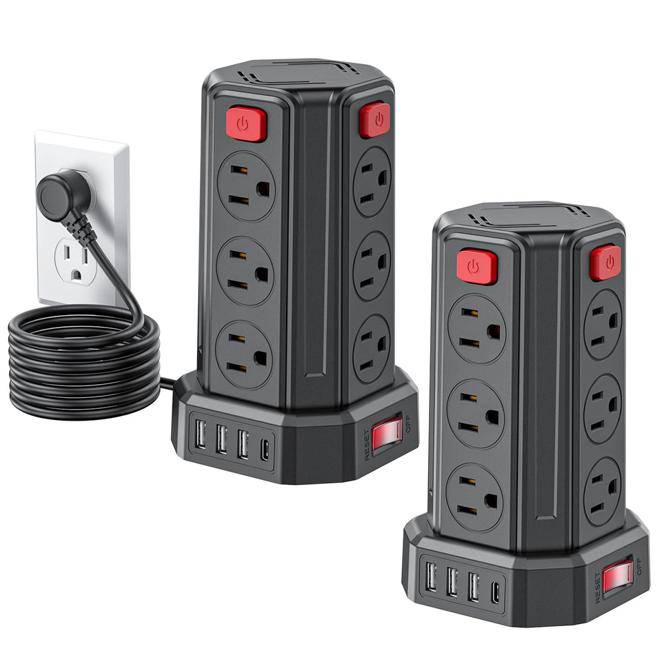 SMALLRT tower front view showing 12 outlets and neat charging benefit