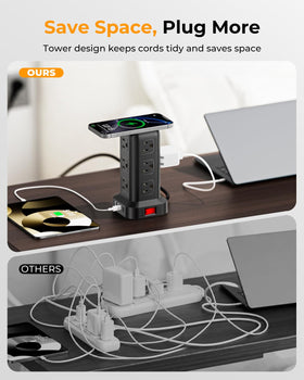 SMALLRT tower power strip in home office showing tidy cables and protected devices
