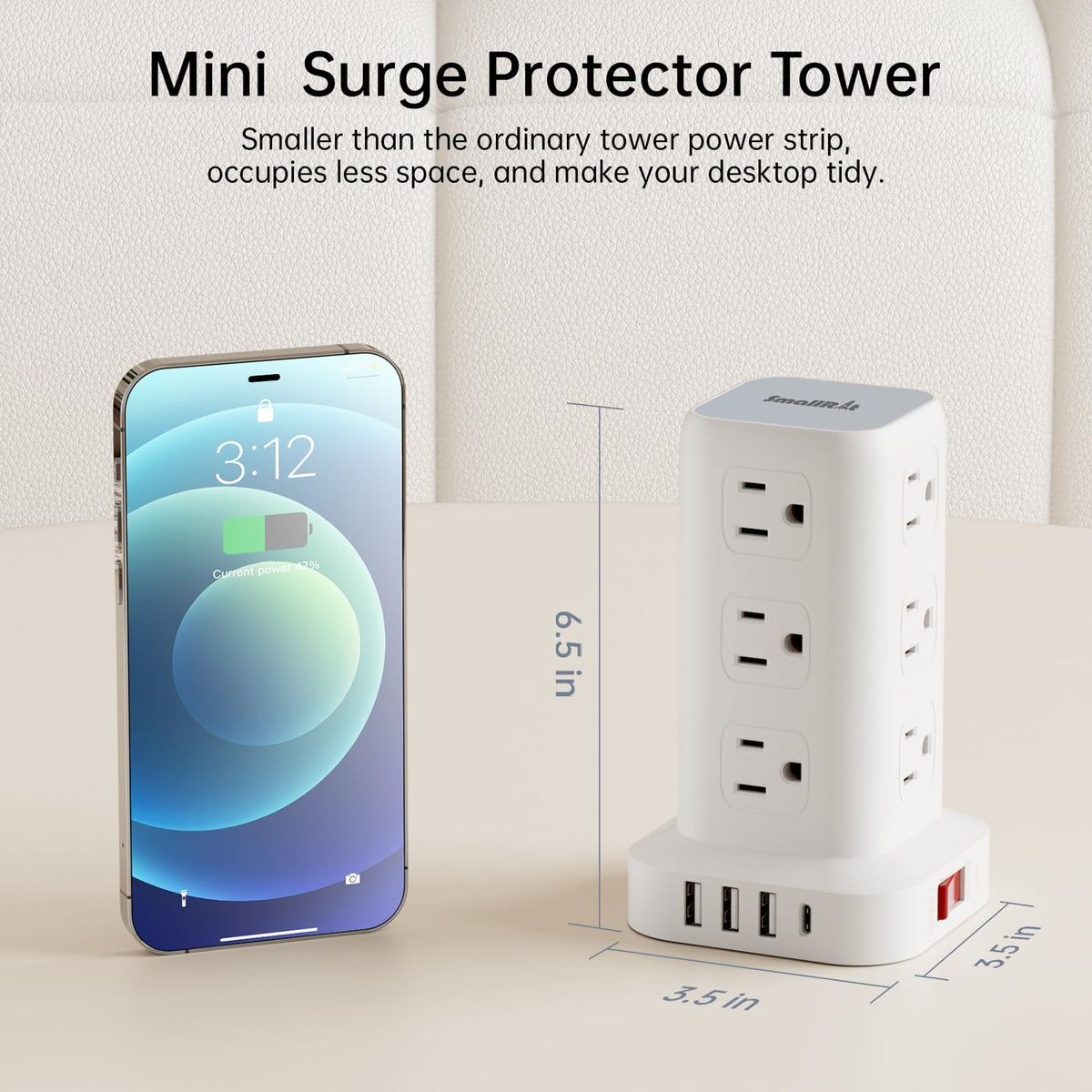 SMALLRT tower in-use on a desk keeping devices charged and cords tidy