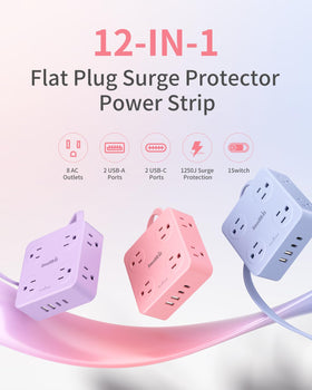SmallRT pink power strip with dual USB-C and USB-A ports for fast charging.