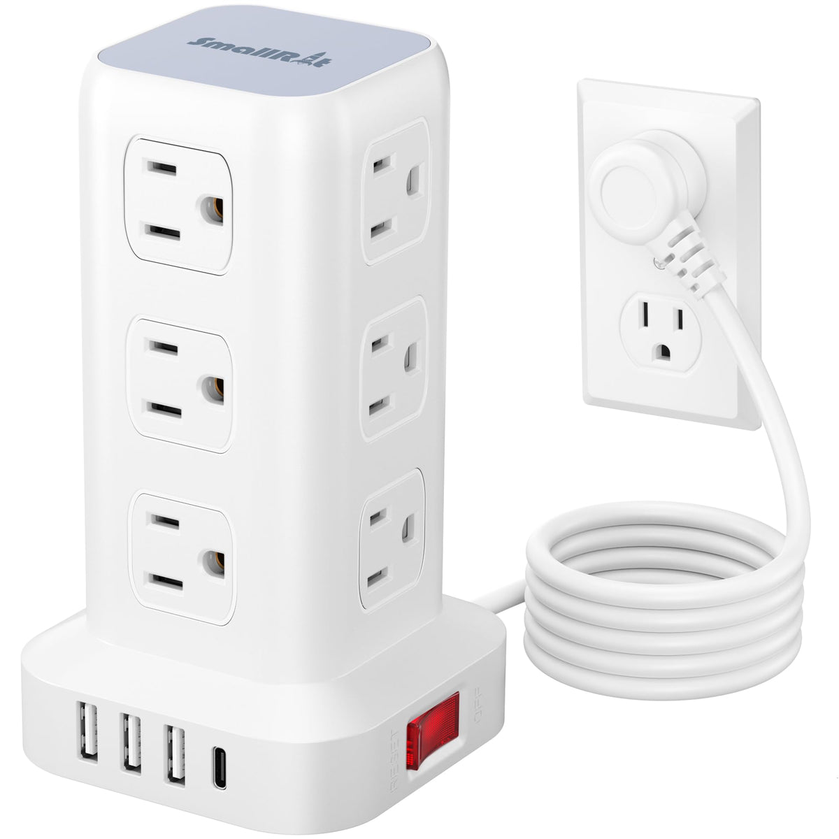 SmallRT tower surge protector with 12 outlets keeps workspace organized and powered.