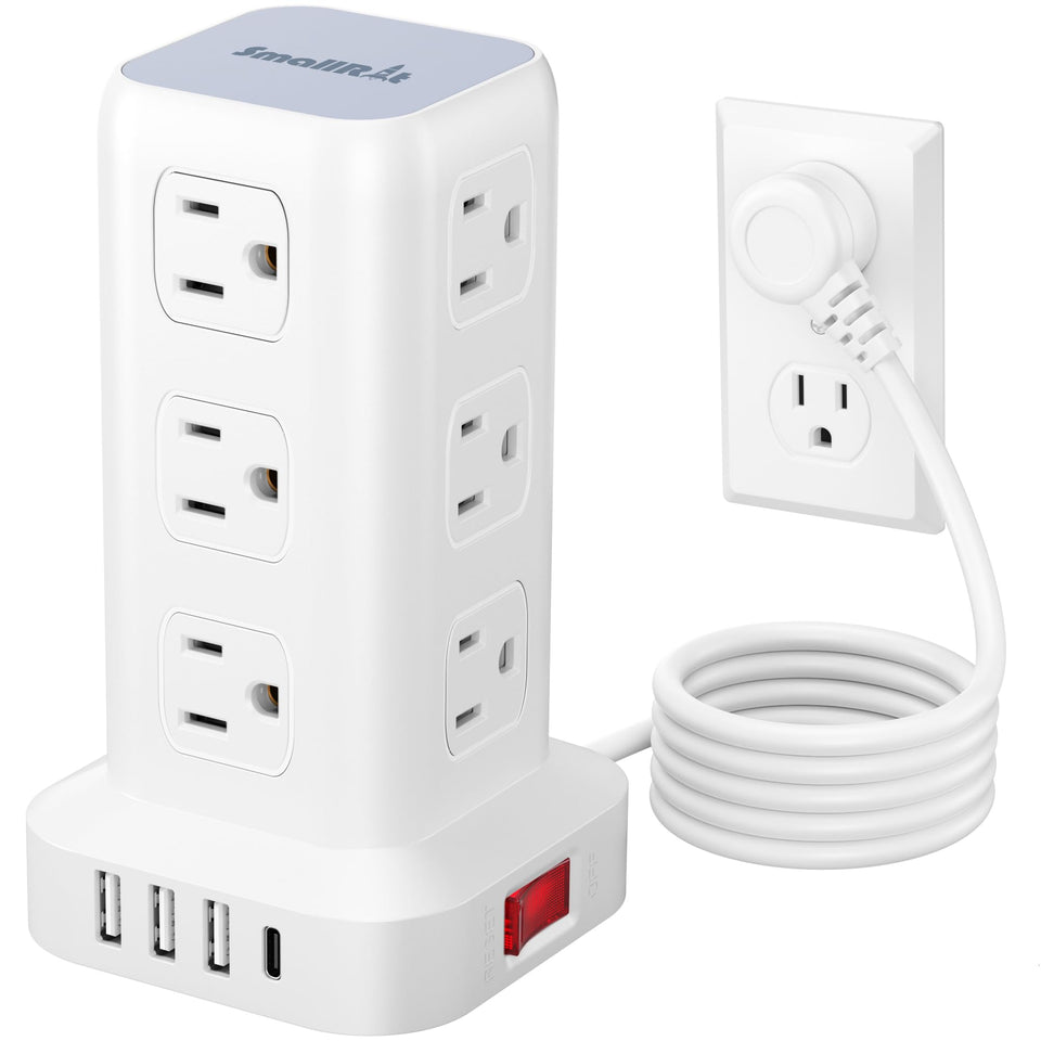 SmallRT tower surge protector with 12 outlets keeps workspace organized and powered.