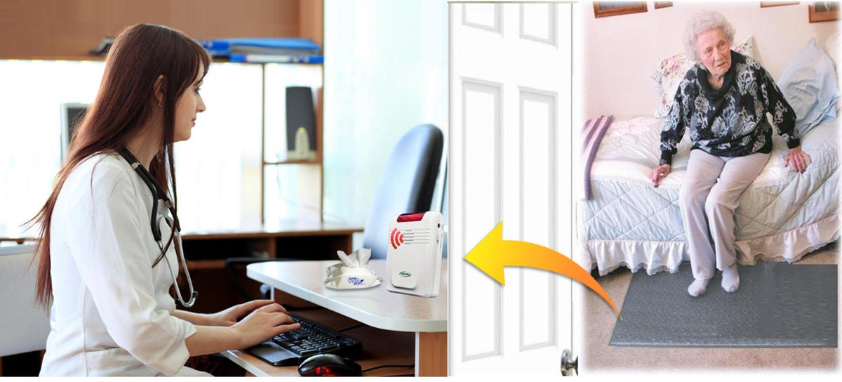 Smart Caregiver gray floor mat sensor placed by bedside reduces trip risk