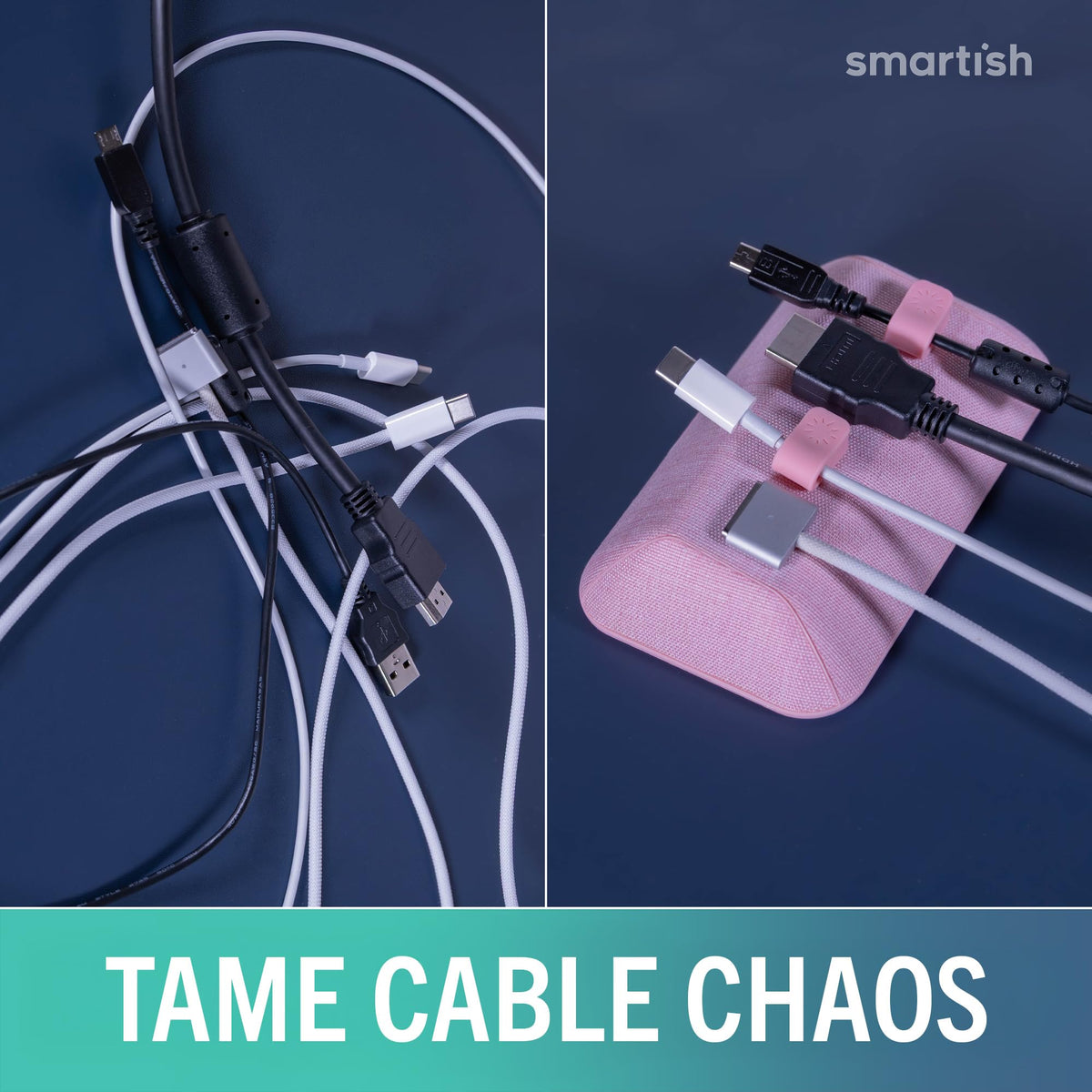 Smartish cable organizer next to laptop keeping work desk clutter-free