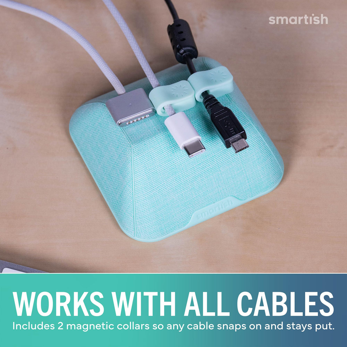 Smartish holding USB-C cable on desk for easy one-handed grab