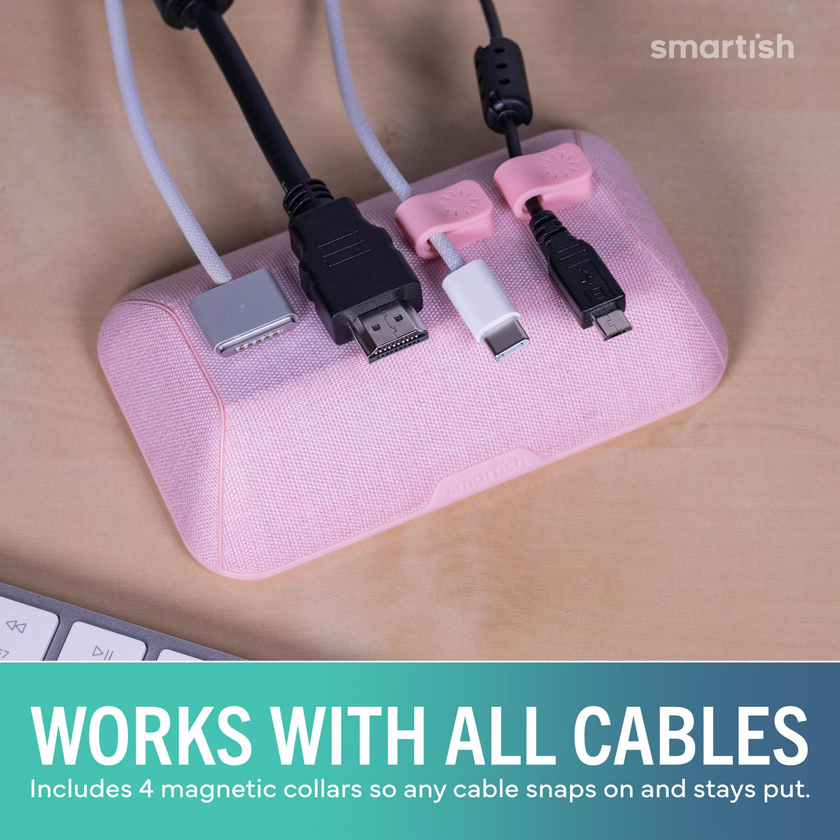 Smartish cable wrangler on nightstand holding phone charger for tidy bedside