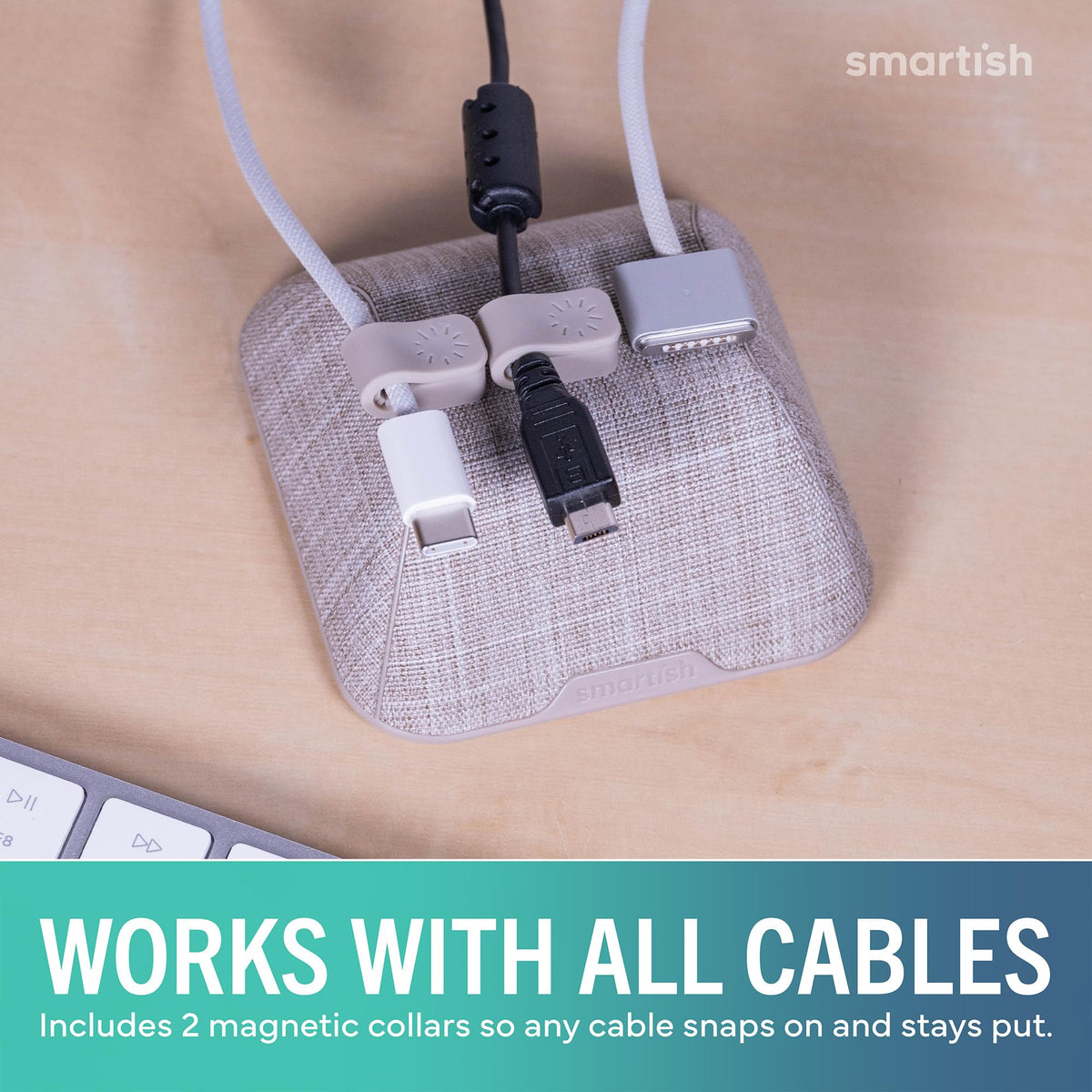 Smartish Cable Wrangler next to smartphone showing compact scale benefit space-saving