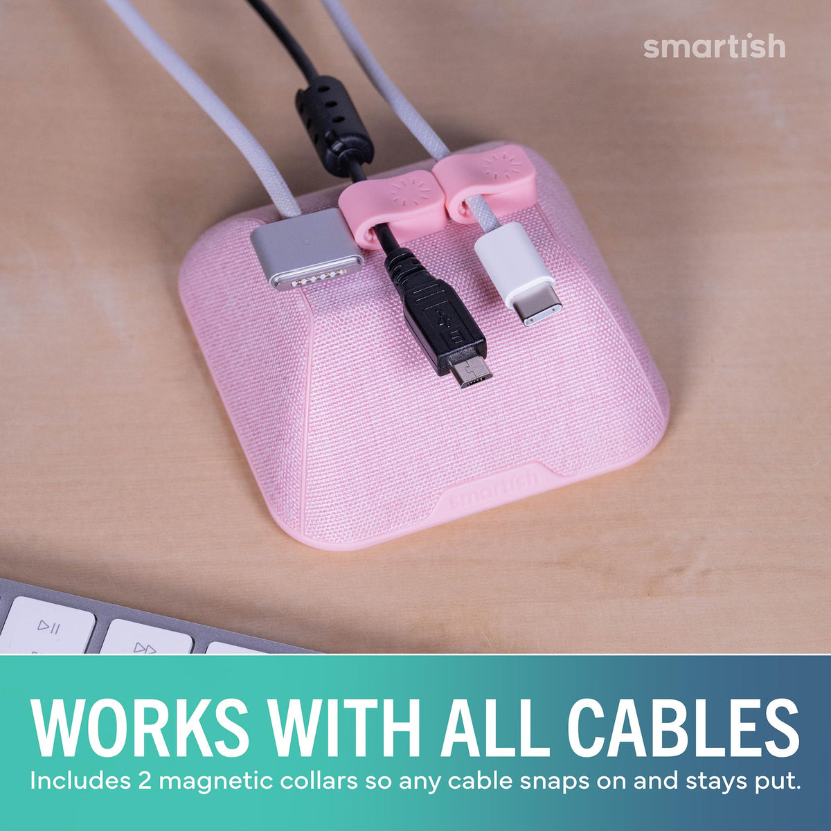 Smartish on nightstand next to lamp showing tidy bedroom charging benefit