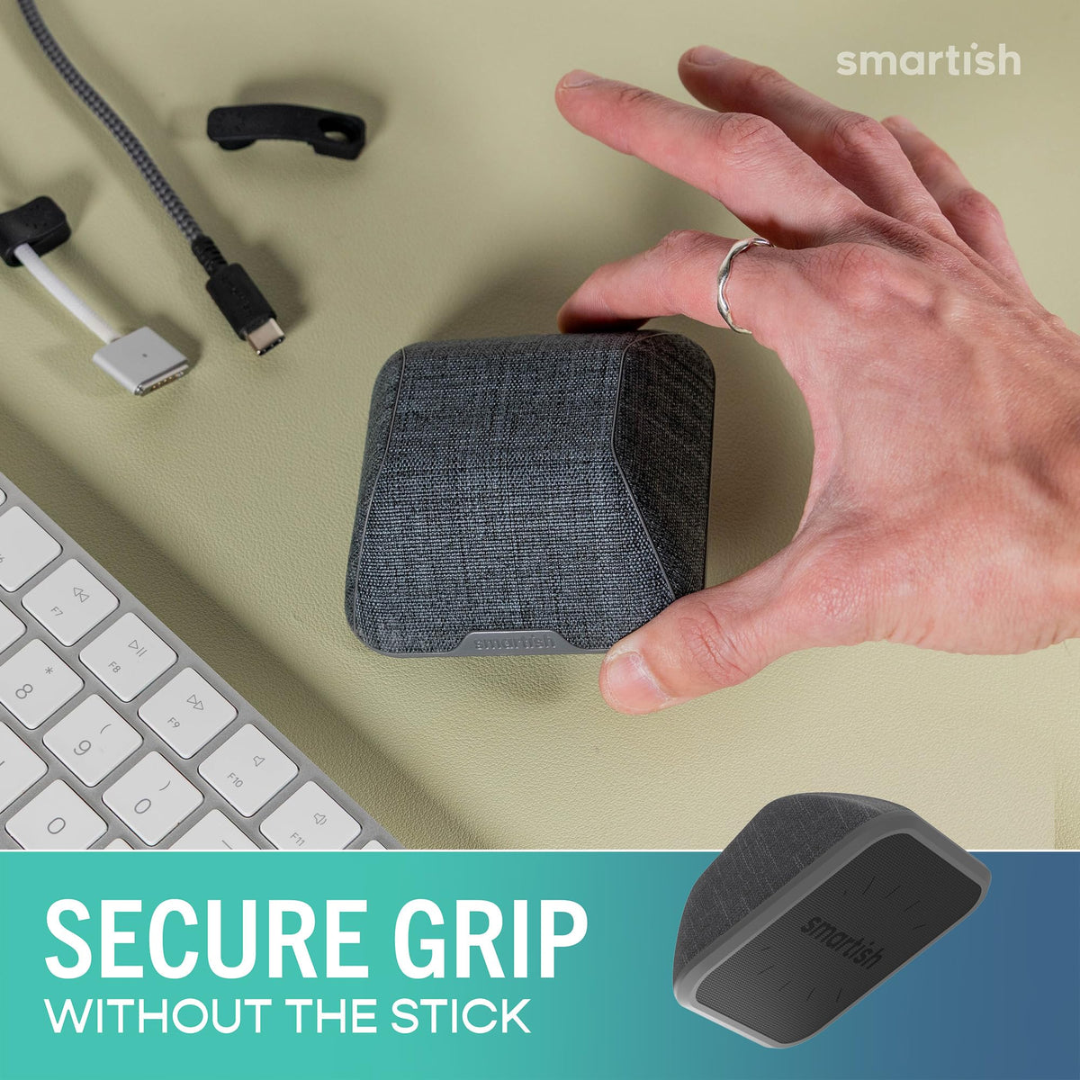 Smartish holding three cables parked on desk for quick access benefit