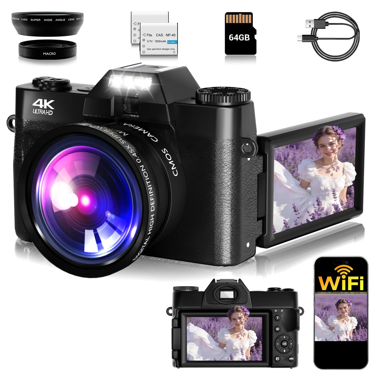 SMARTKLIK camera front-view shows 4K clarity and vivid 75MP photos.