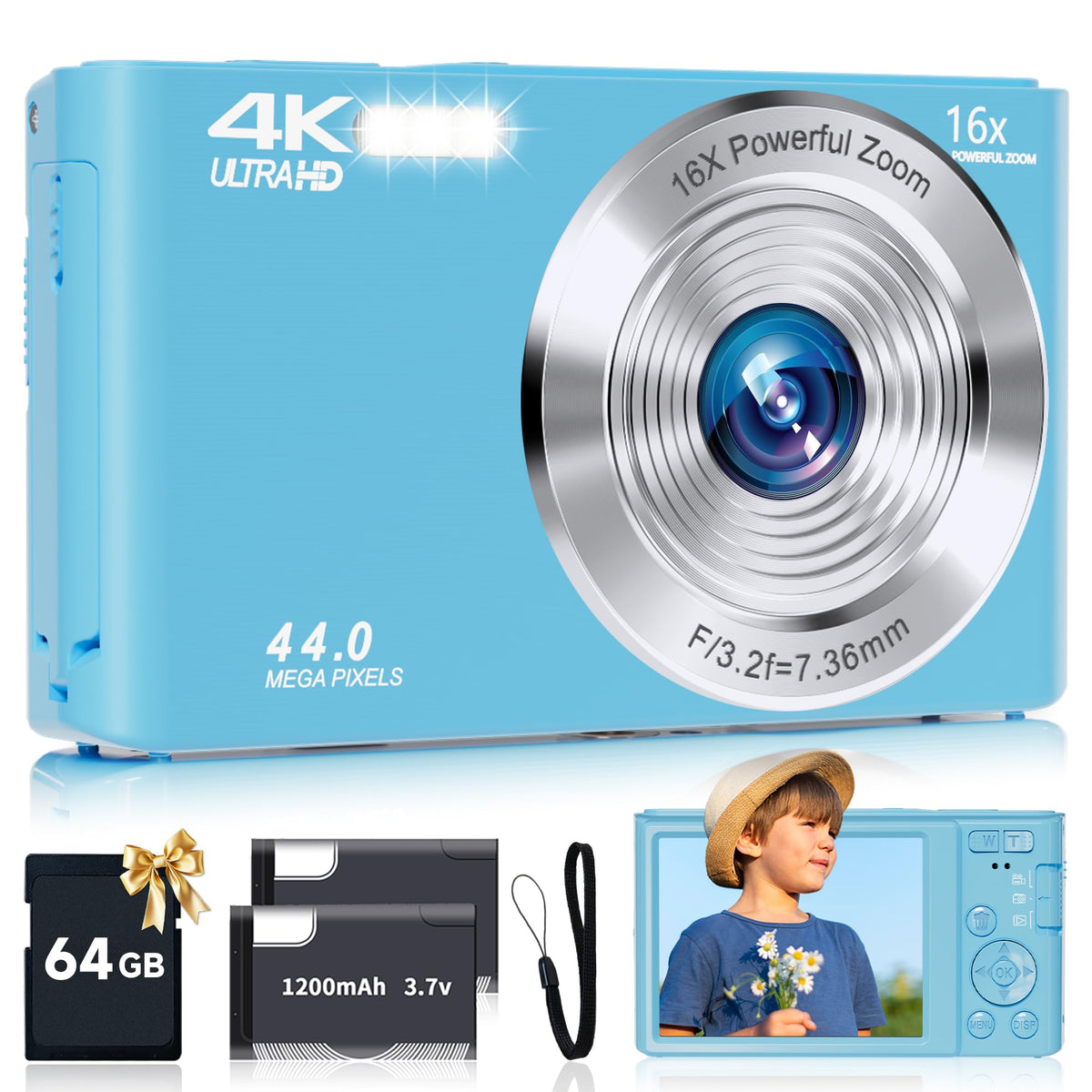 SMARTKLIK front view blue camera showing compact body and button layout benefits portability