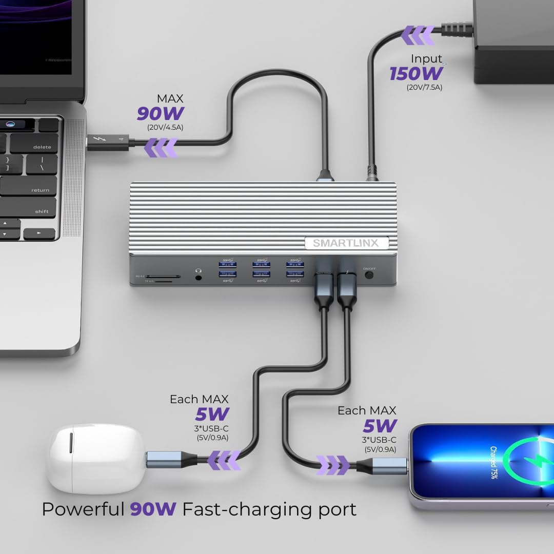 Smartlinx Thunderbolt dock charging area provides energy for laptops and accessories.