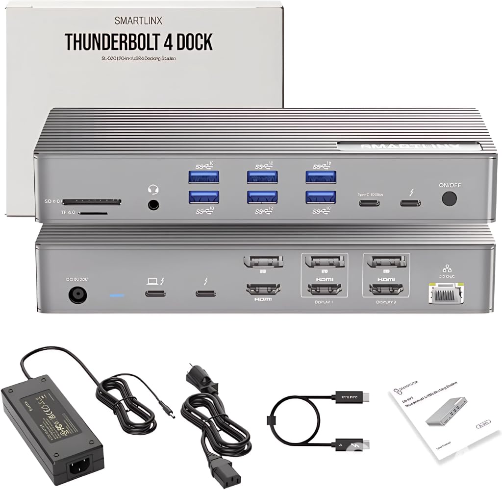 Smartlinx Thunderbolt dock front view highlights compact desk design.