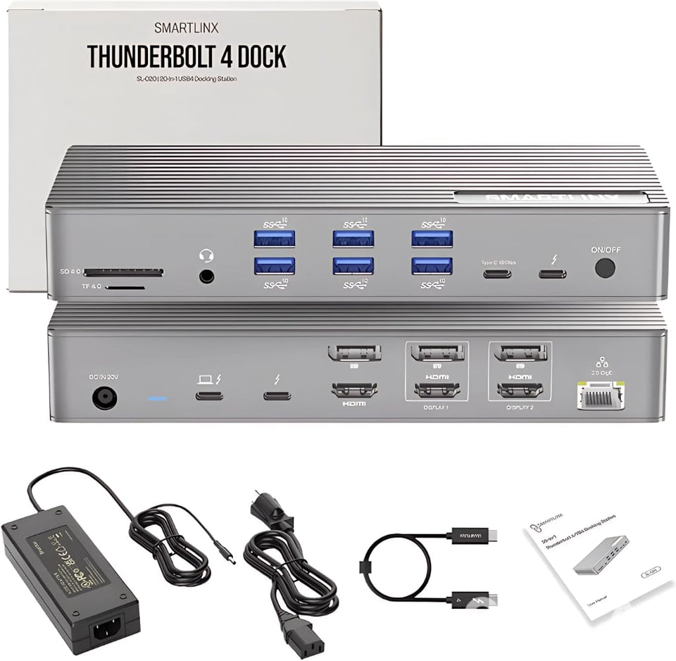 Smartlinx Thunderbolt dock front view highlights compact desk design.