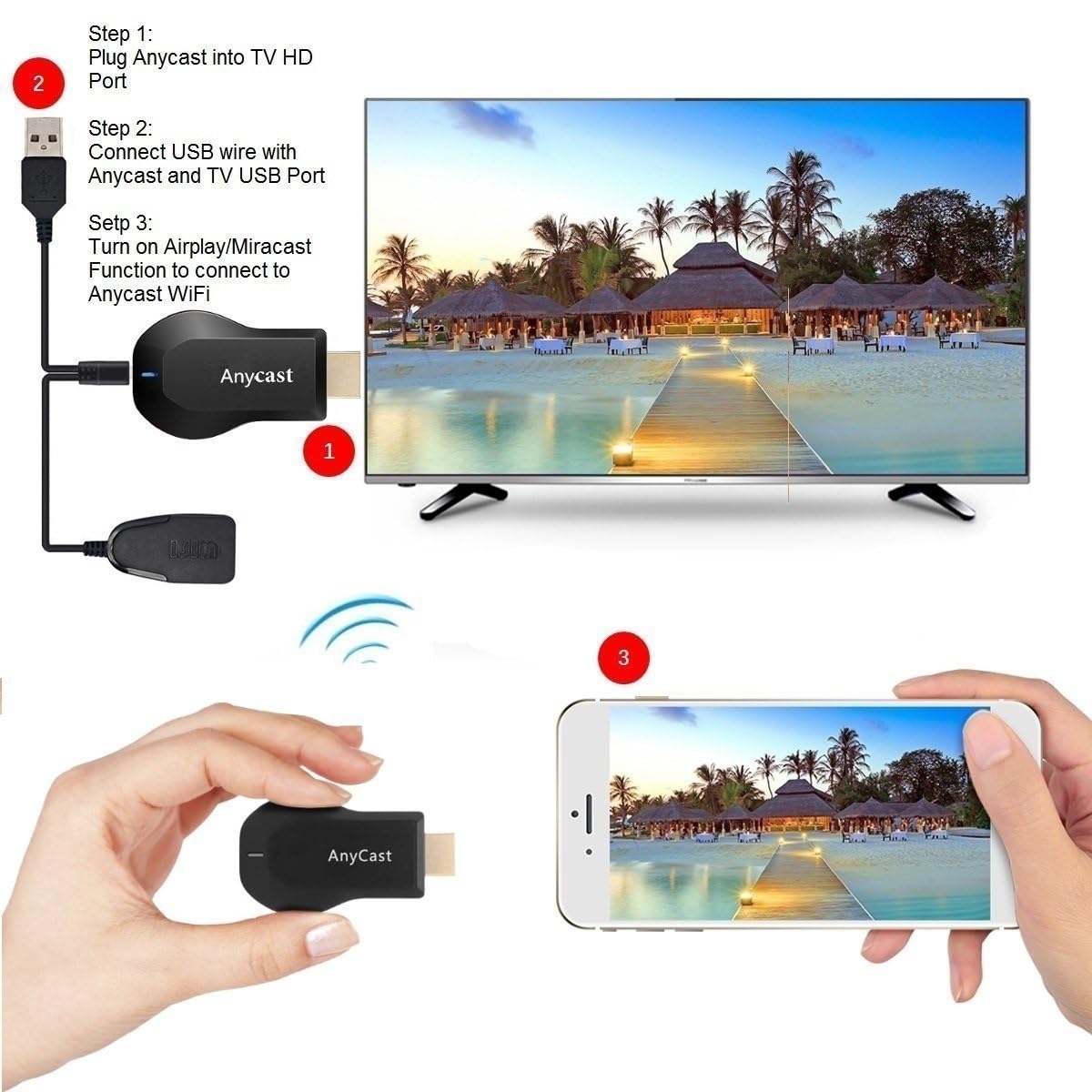 SmartSee Anycast wifi antenna connected for quick plug-and-play setup on TV