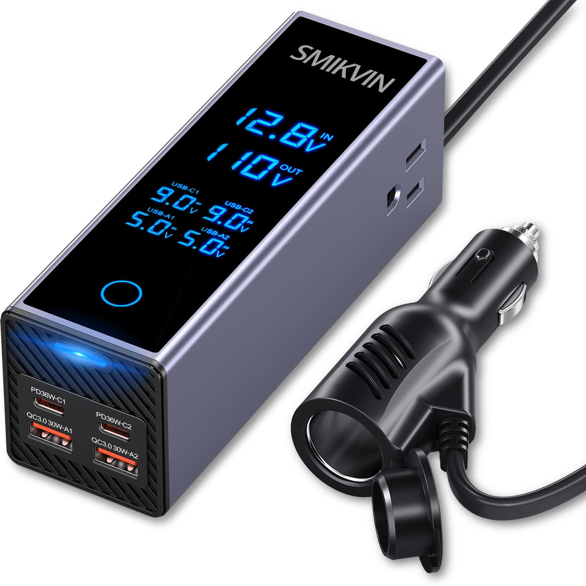 SMIKVIN front view showing AC sockets and USB ports for versatile charging