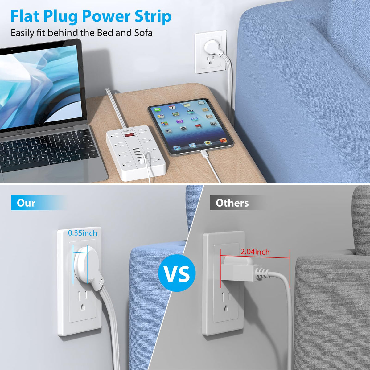SMNICE closeup of ultra slim flat plug angled to save furniture space