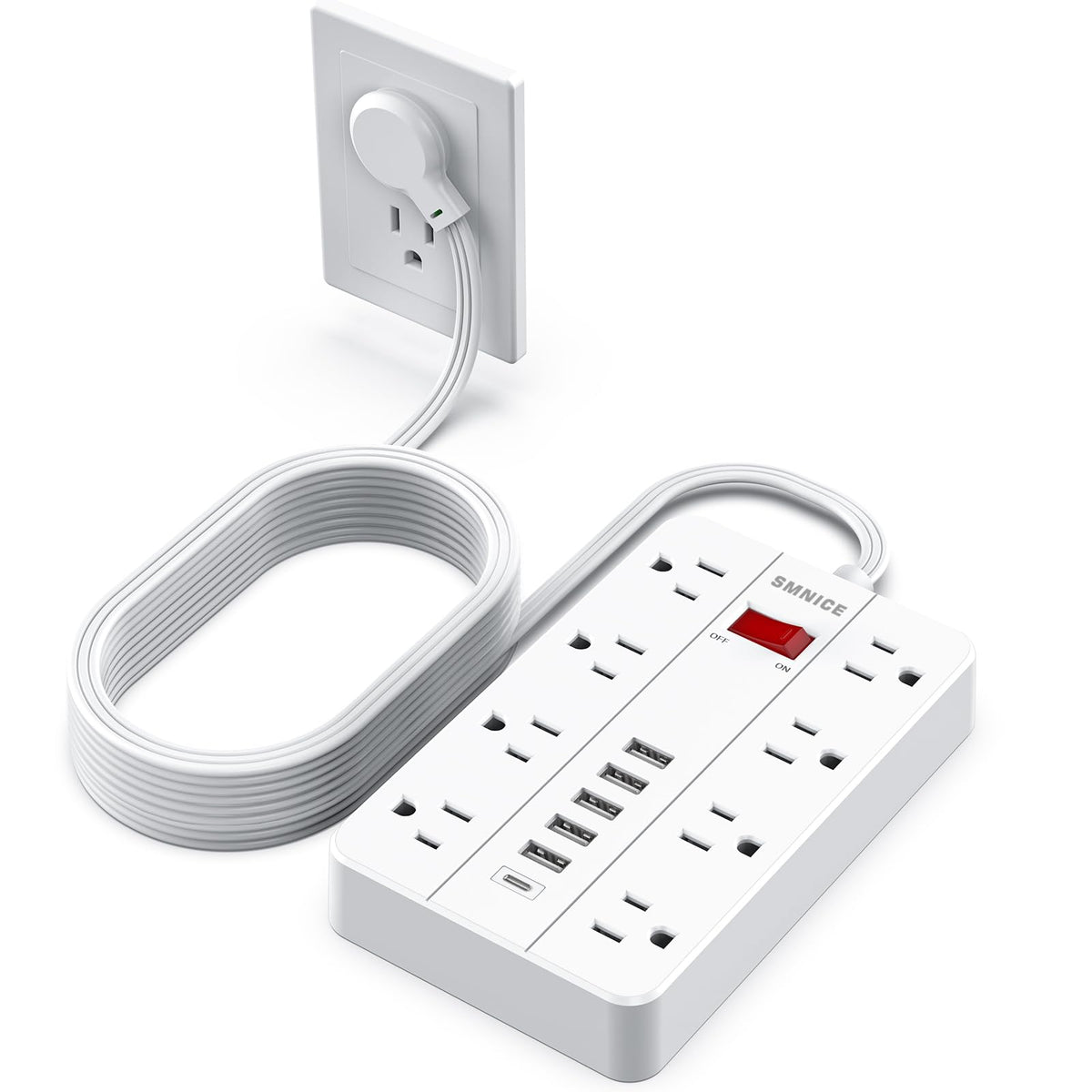 SMNICE front view of power strip showing eight outlets and USB ports for organized charging