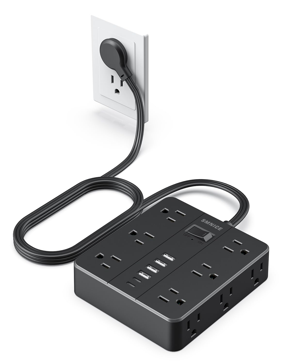 SMNICE front view showing 12 outlets and 6 USB ports for high-capacity charging