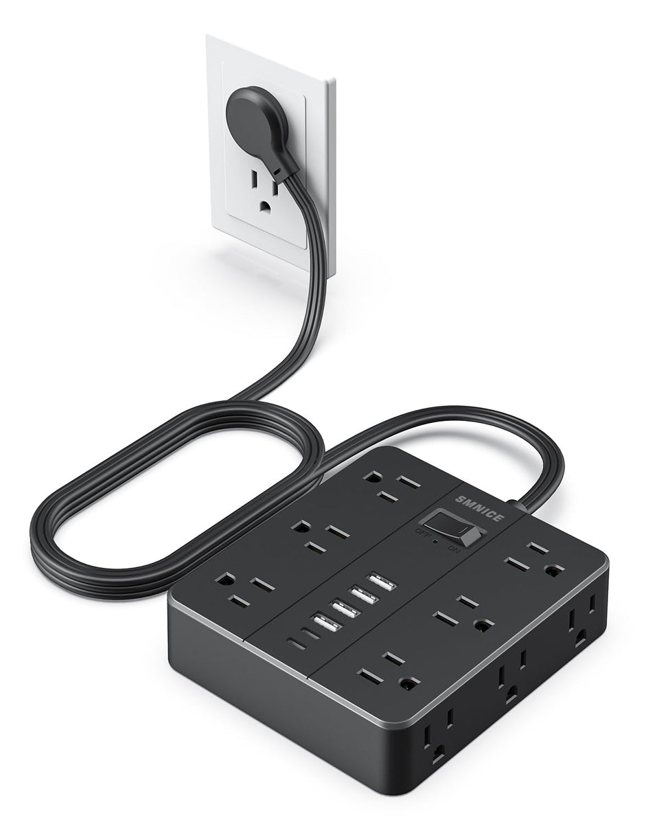 SMNICE front view showing 12 outlets and 6 USB ports for high-capacity charging