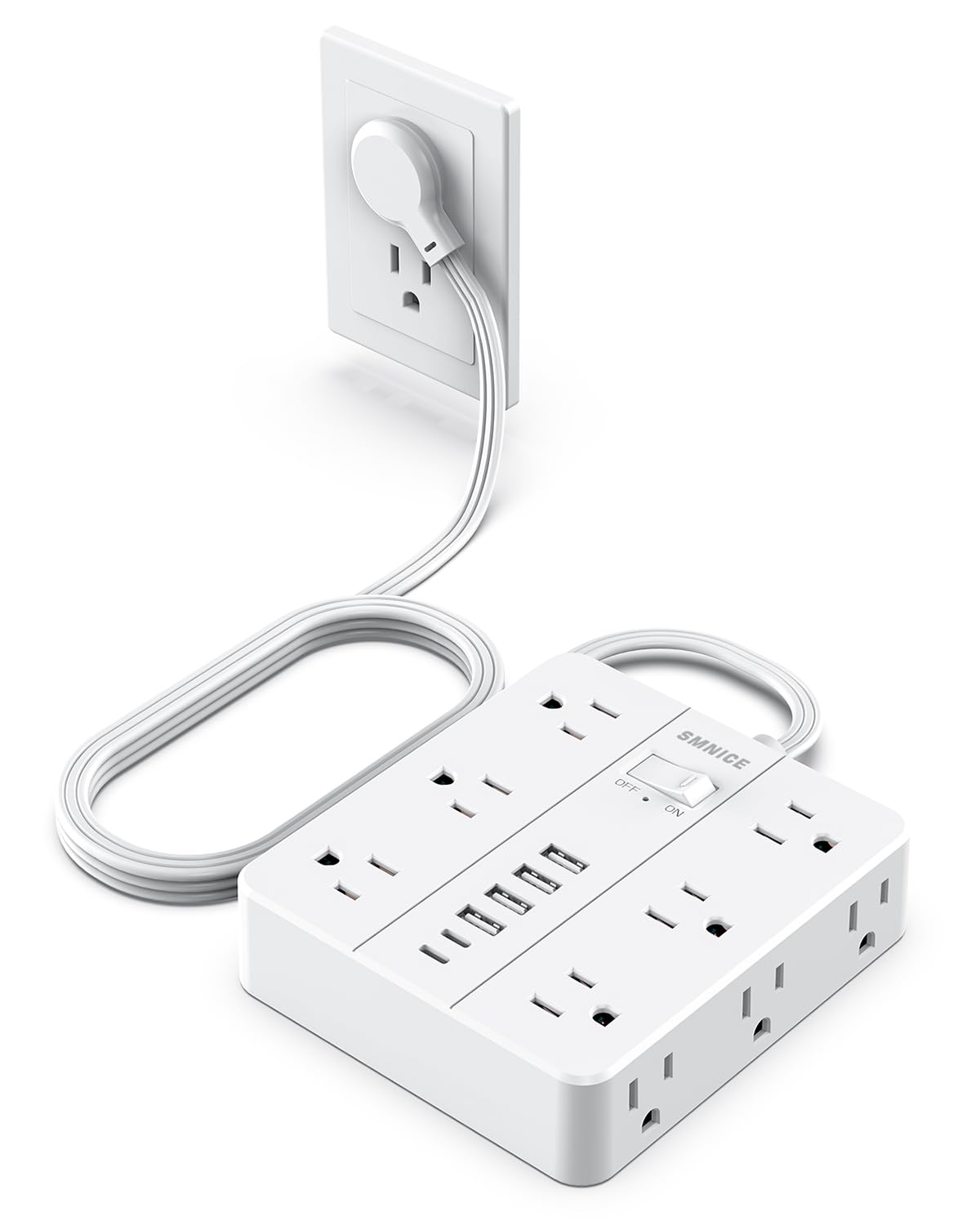 SMNICE front view of power strip showing outlets and USB ports, organized charging