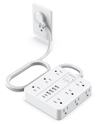 SMNICE front view of power strip showing outlets and USB ports, organized charging