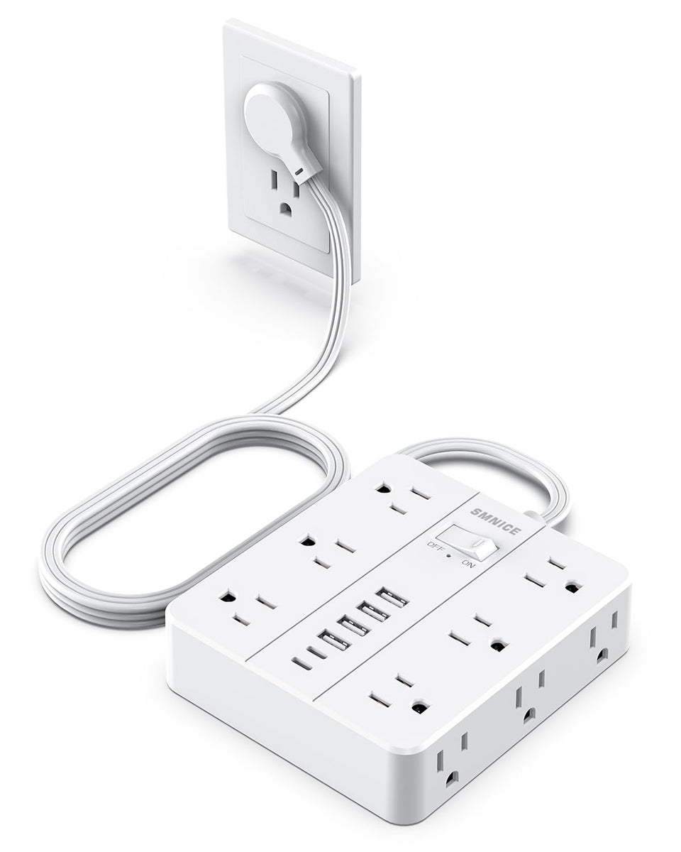 SMNICE front view of power strip showing outlets and USB ports, organized charging
