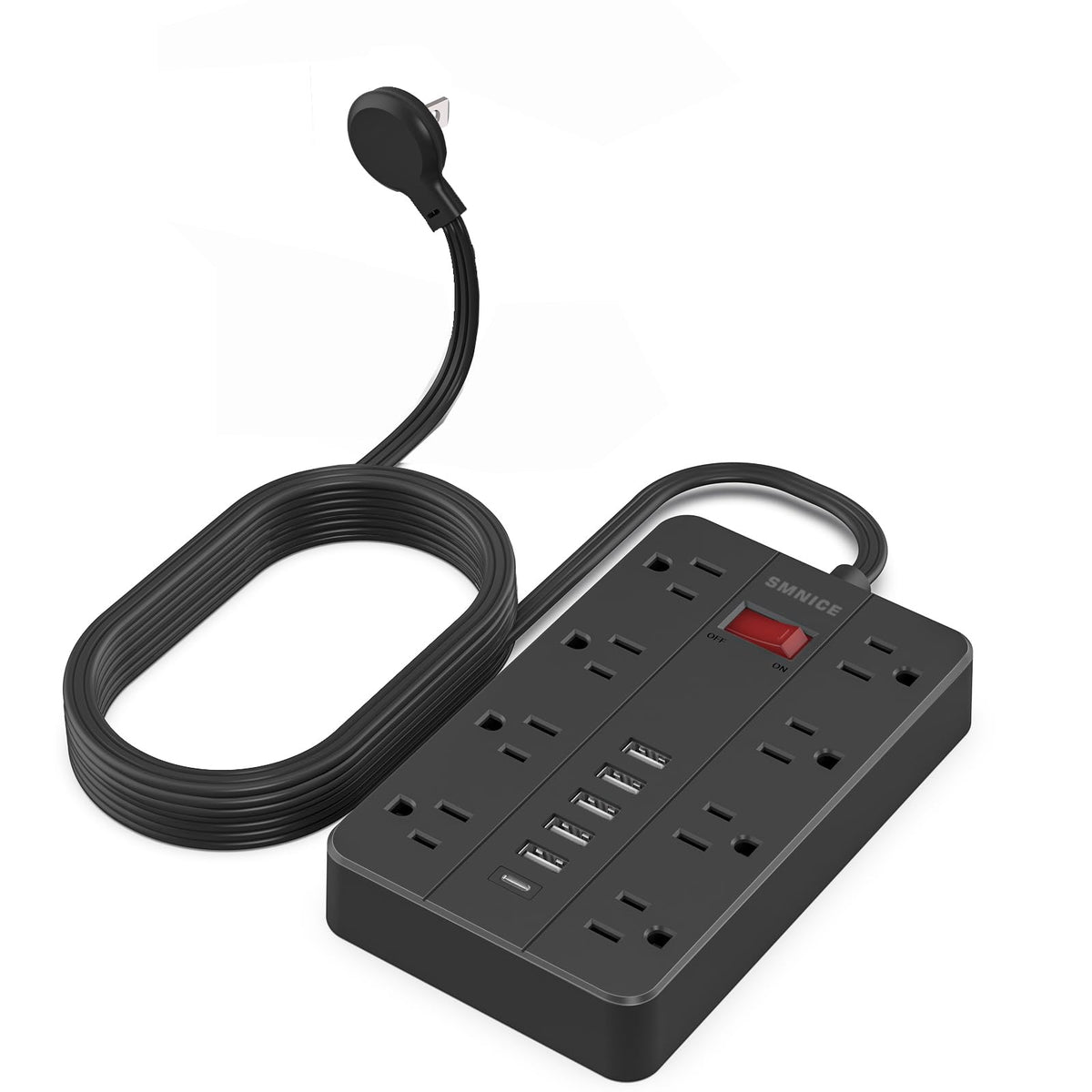 SMNICE front view showing eight outlets and six USB ports, convenient charging