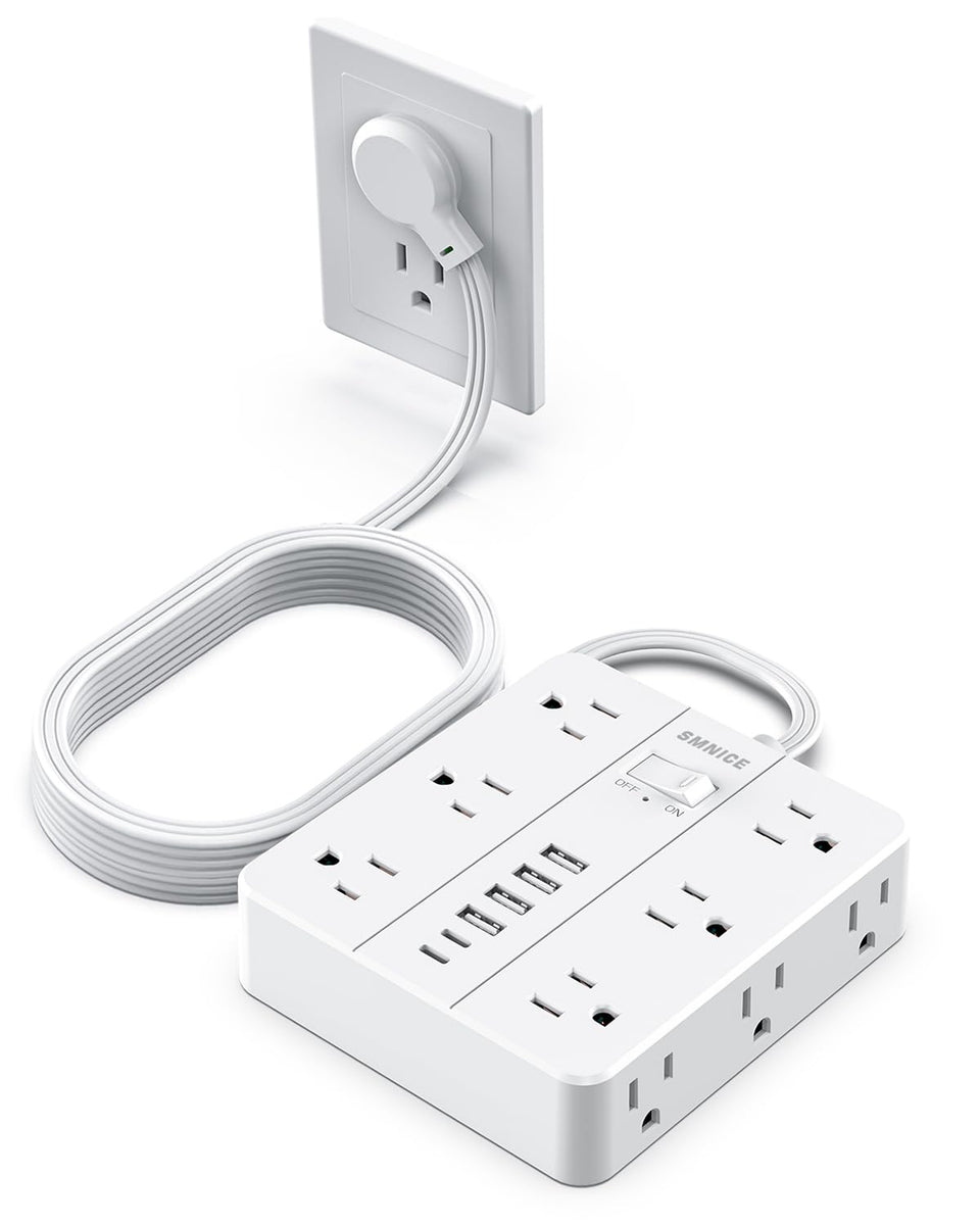 SMNICE front view of power strip showing outlets and USB ports for organized charging