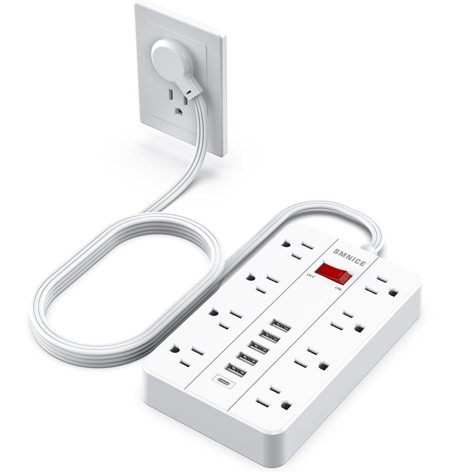 SMNICE power strip with eight wide-spaced outlets for large adapters