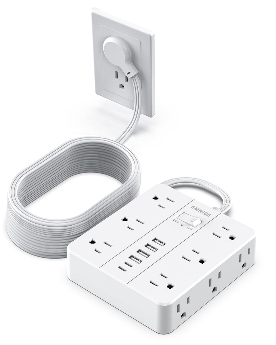 SMNICE power strip front view showing 12 outlets and 6 USB ports for organized charging