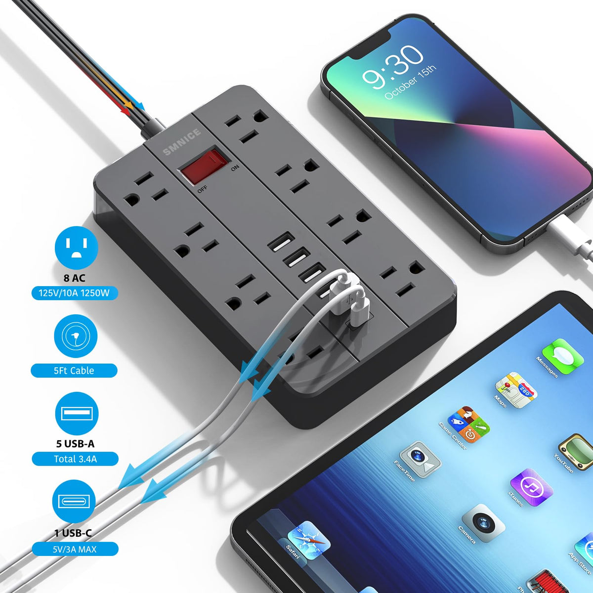 SMNICE USB-C and USB-A ports fast charge phones and tablets