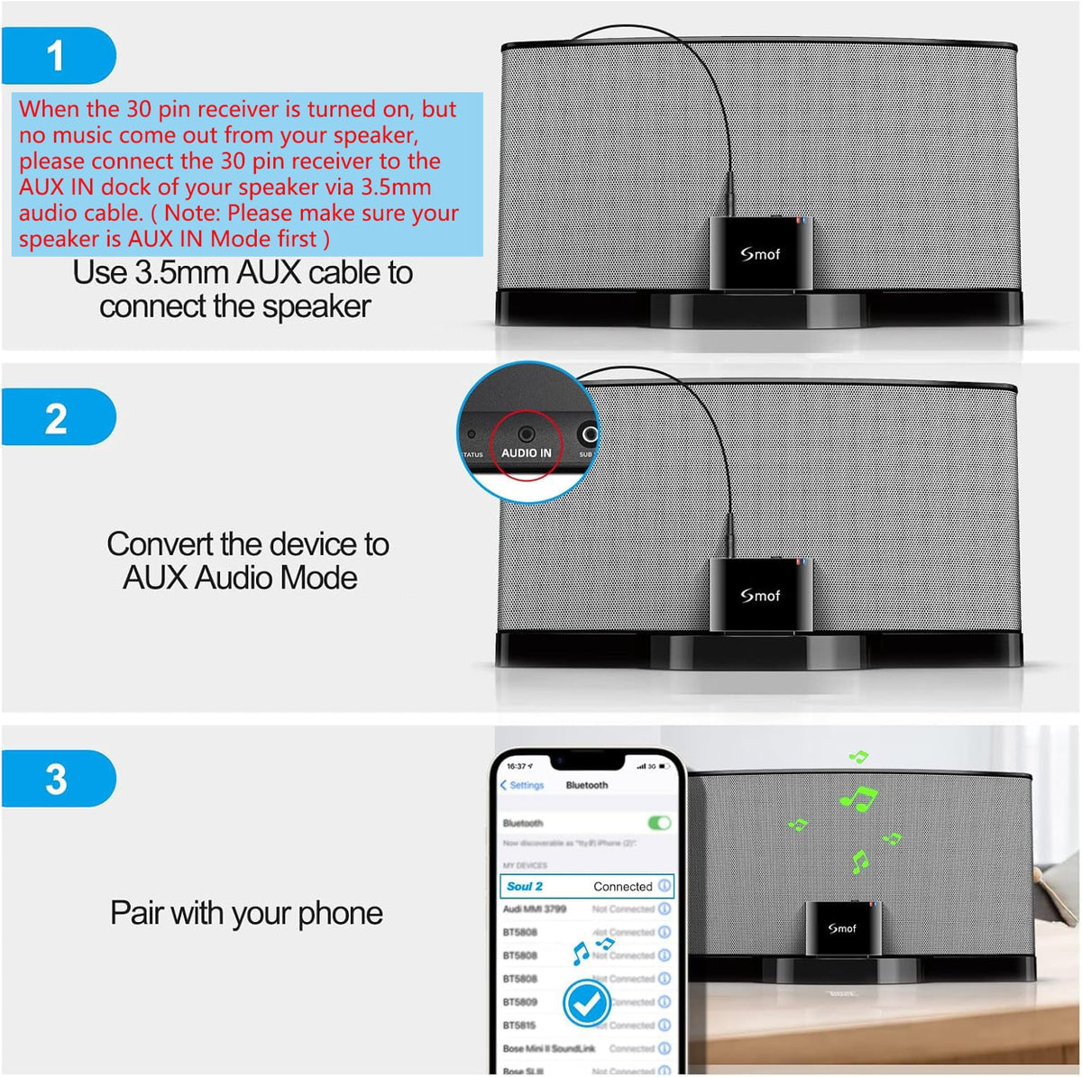 Aux cable included for quick fallback if no sound occurs